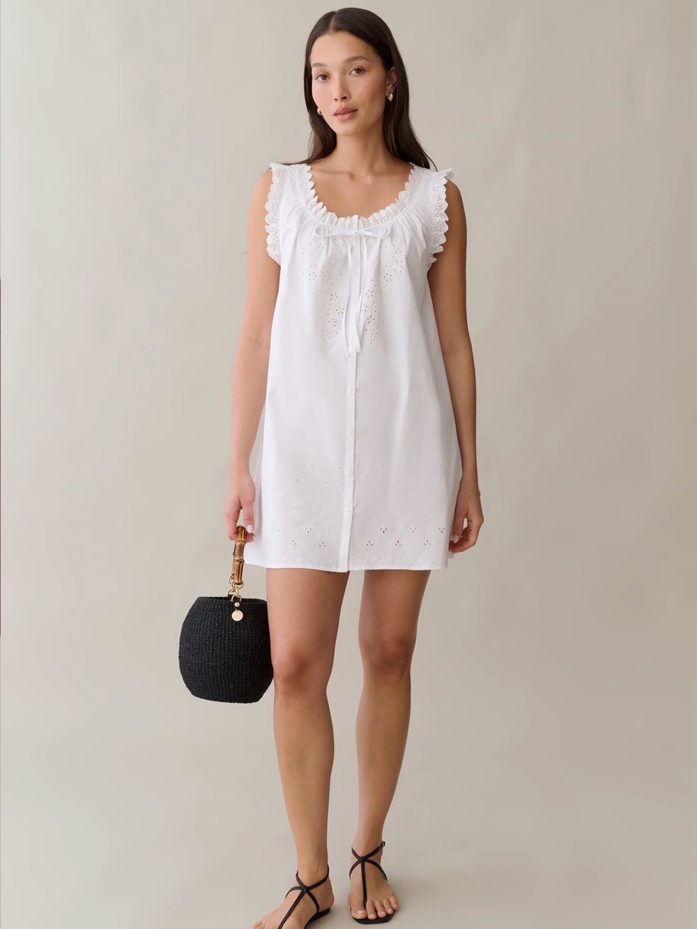 NWT ,  Caroline Cotton Dress, White Eyelet Ruffle Tie-Front Mini Dress